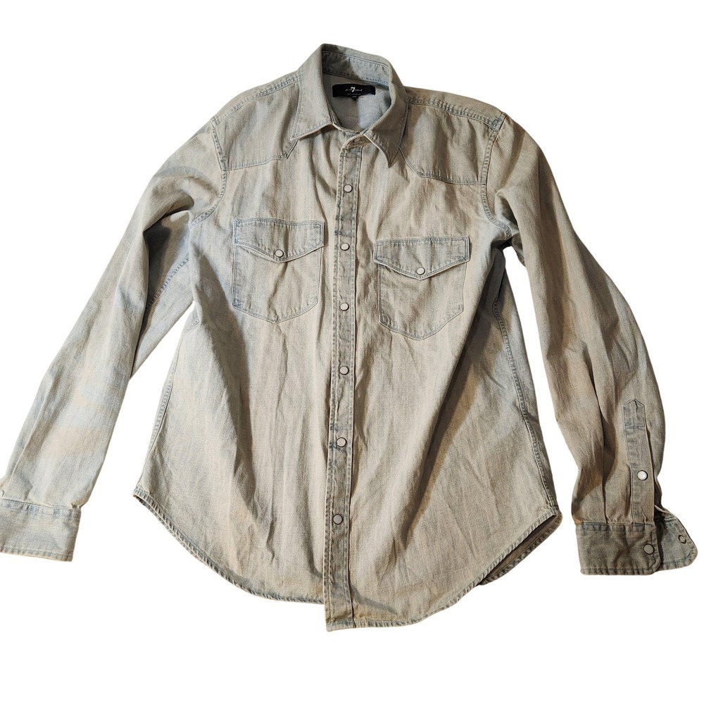 7 For All Mankind Shirt Mens Medium‎ Light Blue Western Snap Button Cotton Denim